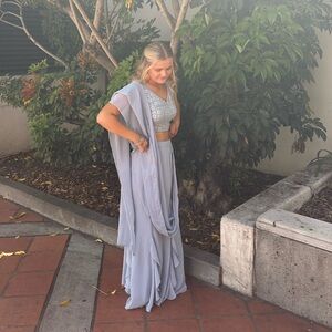 Light Blue Pre-Stitched Saree With Mirror Embroidered Blouse (Set of 2)